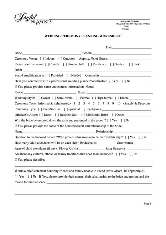 Wedding Ceremony Planning Worksheet Printable pdf