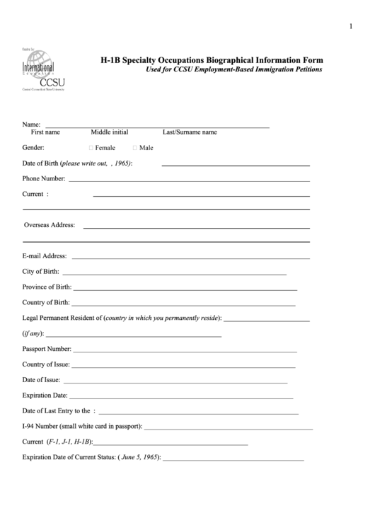H-1b Specialty Occupations Biographical Information Form