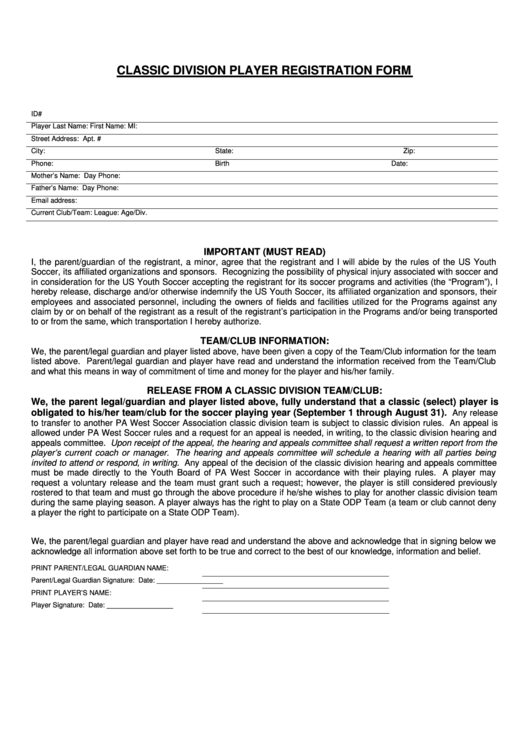 Classic Division Player Registration Form - Us Youth Soccer Printable pdf