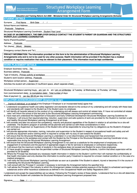 Structured Workplace Learning Arrangement Form Printable pdf
