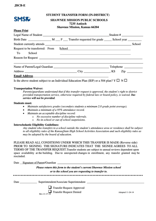 Student Transfer Form (In-District) -Shawnee Mission Public Schools Printable pdf