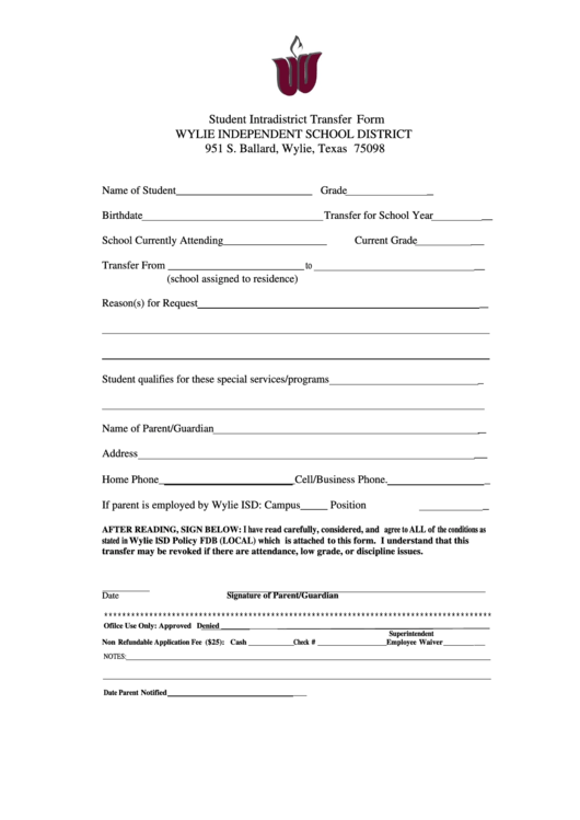 Student Intradistrict Transfer Form - Wylie Independent School District Printable pdf
