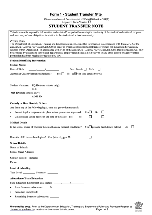 Fillable Form 1 - Student Transfer Note Printable pdf