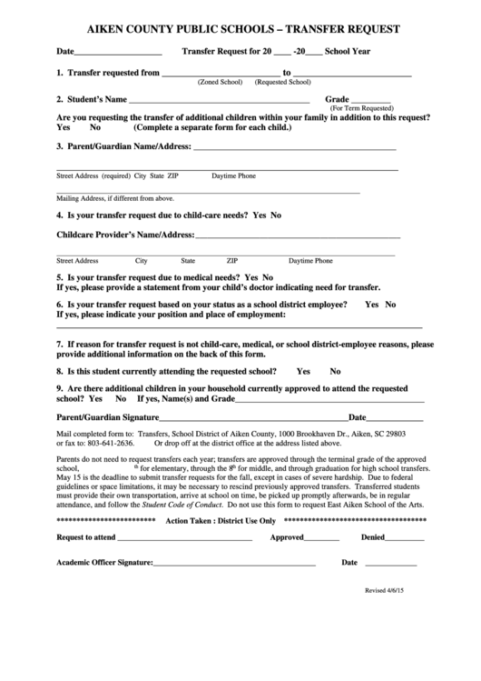 Transfer Request Form - Aiken County Public School District Printable pdf