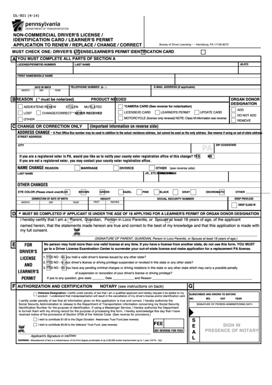 Fillable Form Dl 901 Non Commercial Drivers License Identification Card Learners Permit 2866