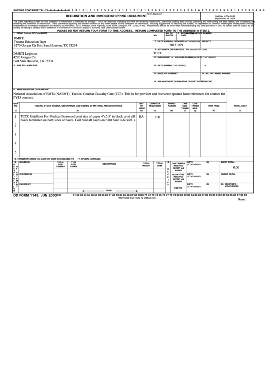 Fillable Dd Form 1149 - Requisition And Invoice/shipping Document - 2003 Printable pdf