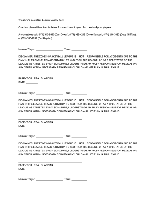 Basketball League Disclaimer Liability Form Printable pdf