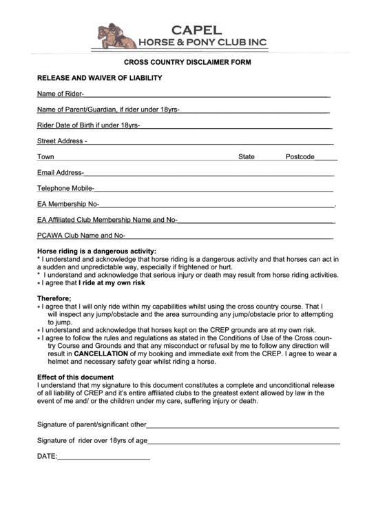 Cross Country Disclaimer Form Printable pdf