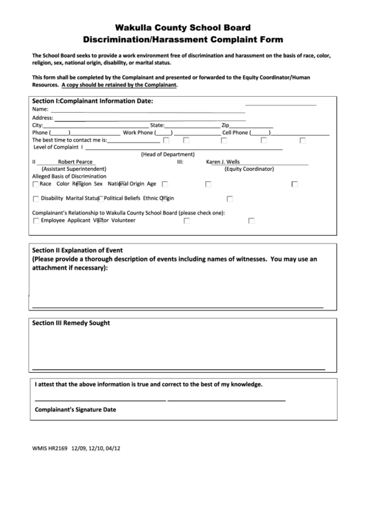 Fillable Discrimination/harassment Complaint Form Printable pdf