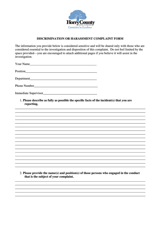 Harassment Or Discrimination Complaint Form Printable pdf