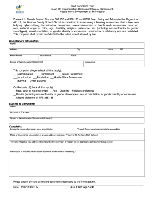 Staff Complaint Form Based On Discrimination, Harassment/sexual Harassment Printable pdf
