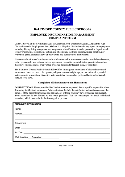 Discrimination/sexual Harassment Complaint Form Printable pdf