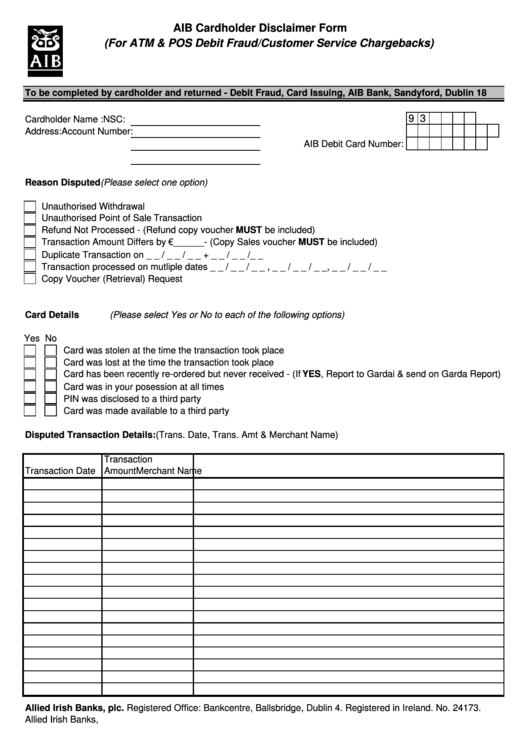 Cardholder Disclaimer Form Printable pdf