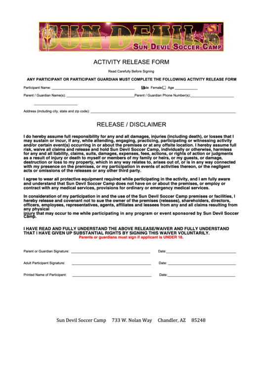 Activity Release/ Disclaimer Form Printable pdf