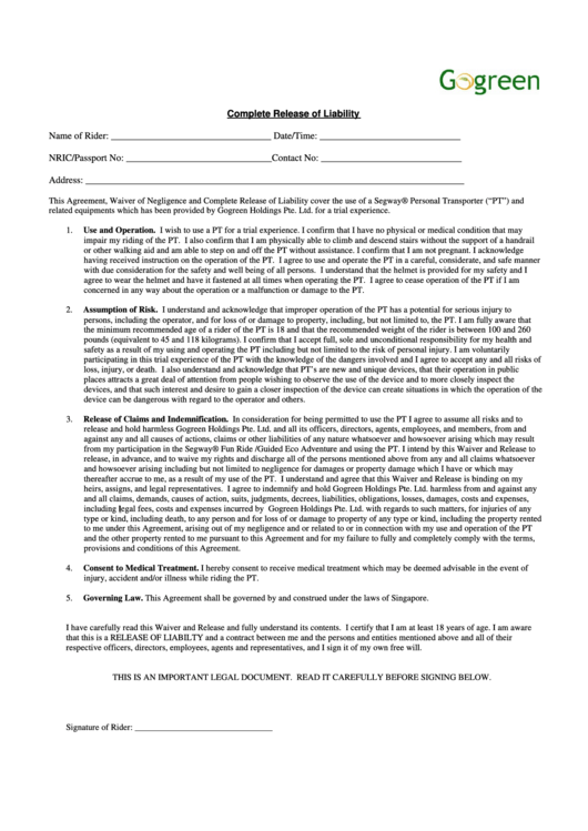 Complete Release Of Liability Form Printable pdf