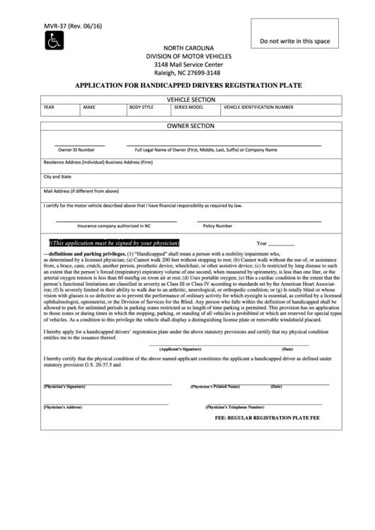 Form Mvr-37 - Application For Handicap Driver Registration Plate Printable pdf
