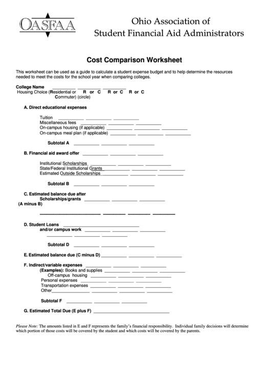 Cost Comparison Worksheet Printable pdf