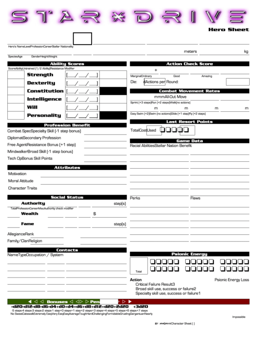 Stardrive Character Sheet Printable pdf