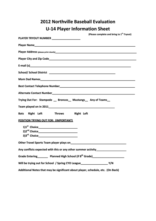 2012 Northville Baseball Evaluation U-14 Player Information Sheet Printable pdf