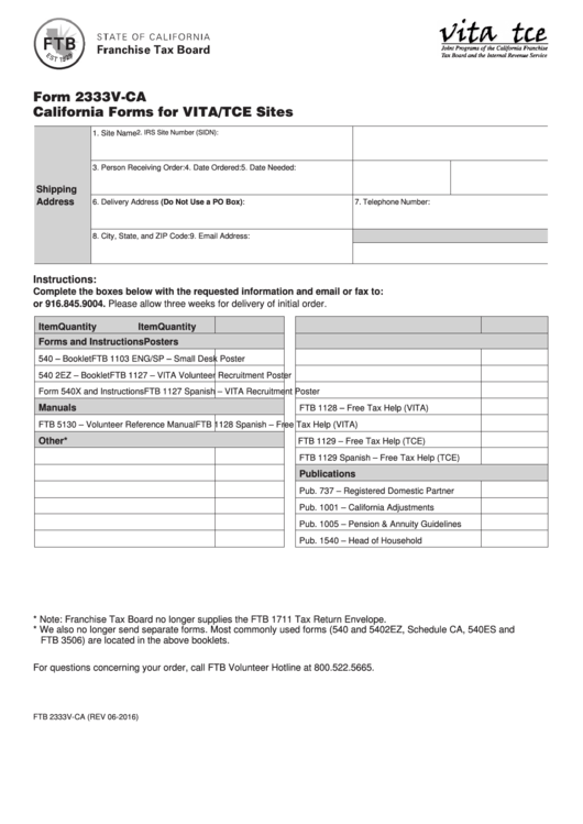 Fillable Form 2333v-Ca California Forms For Vita/tce Sites Printable pdf