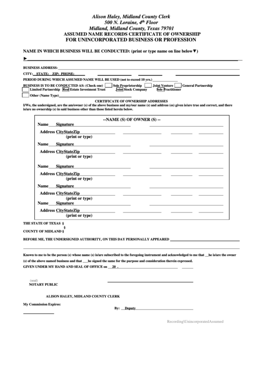 Assumed Name Records Certificate Of Ownership For Unincorporated Business Or Profession Printable pdf
