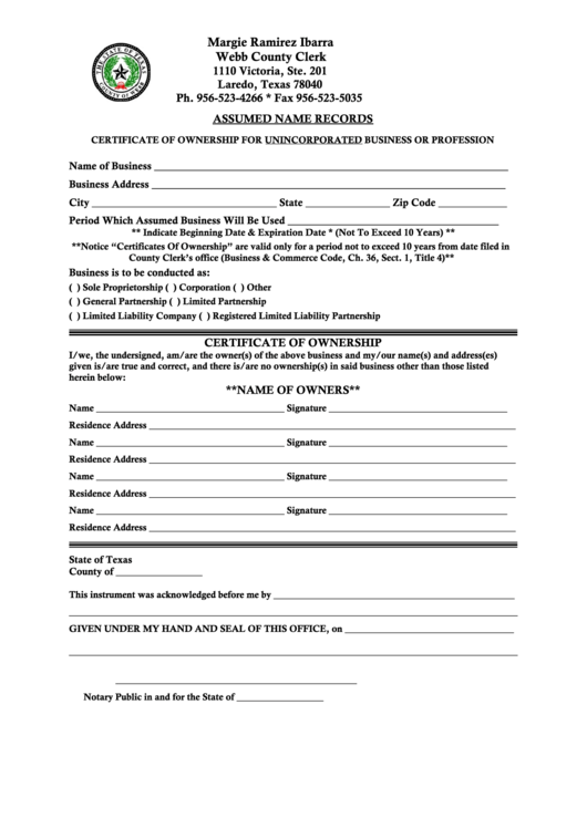 Assumed Name Records Certificate Of Ownership For Unincorporated Business Or Profession Printable pdf