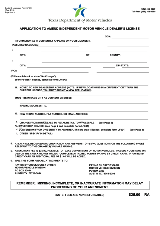 Fillable Form Lf021 - Application To Amend Independent Motor Vehicle Dealer