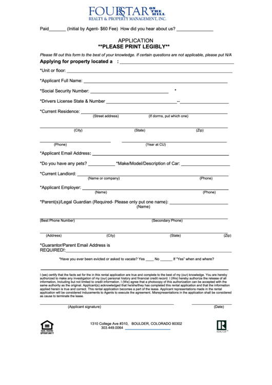 Fillable Rental Application Form - Four Star Realty Property Management Printable pdf