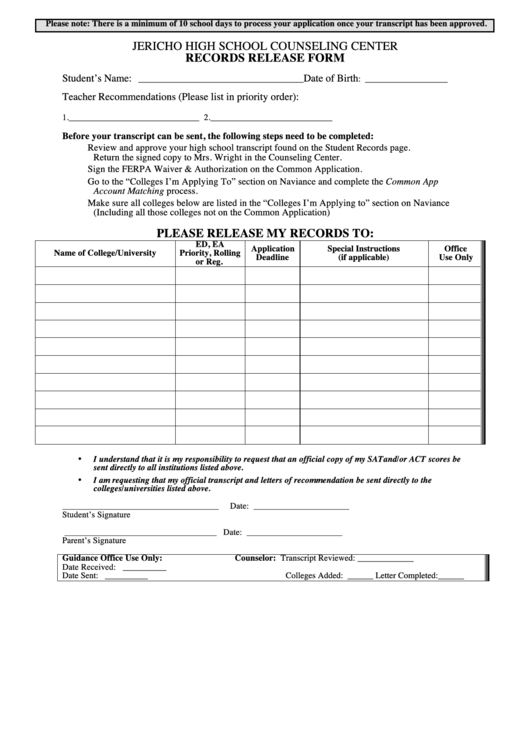 Records Release Form - Jericho High School Printable pdf
