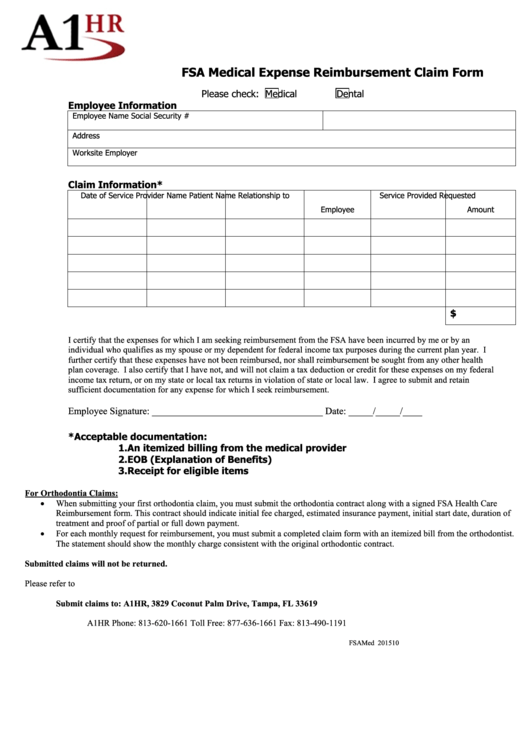 Fillable Fsa Medical Expense Reimbursement Claim Form - A1hr Printable pdf
