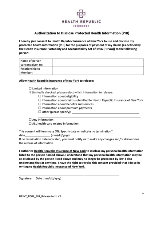 Health Republic Nj Hippa Authorization Form Printable pdf