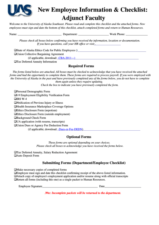 New Employee Information - Checklist Adjunct Faculty Printable pdf