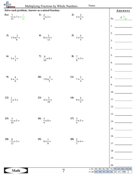 Multiplying Fractions By Whole Numbers Worksheet With Answer Key Printable pdf