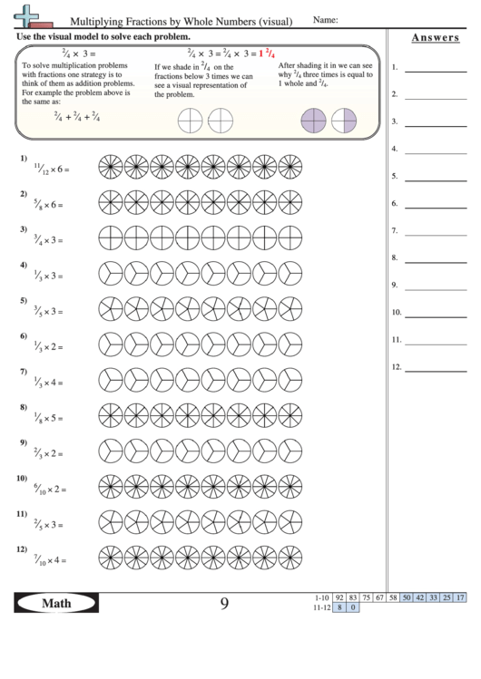 multiplying fractions by whole numbers visual worksheet with answer