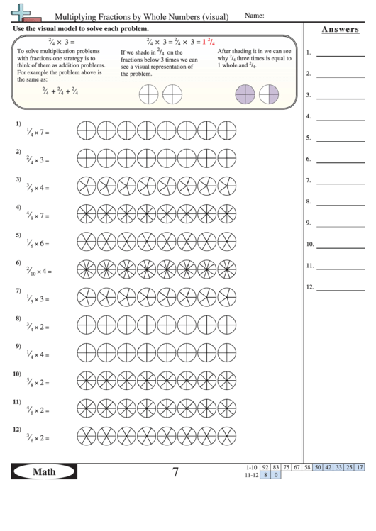 multiplying fractions by whole numbers visual worksheet with answer