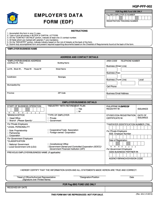 Employers Data Form Edf Printable pdf