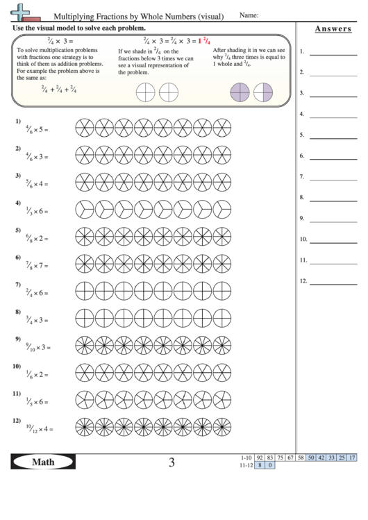 Multiplying Fractions By Whole Numbers (Visual) Worksheet With Answer Key Printable pdf