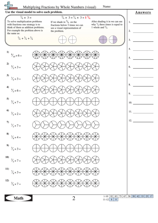 Multiplying Fractions By Whole Numbers (Visual) Worksheet With Answer Key Printable pdf