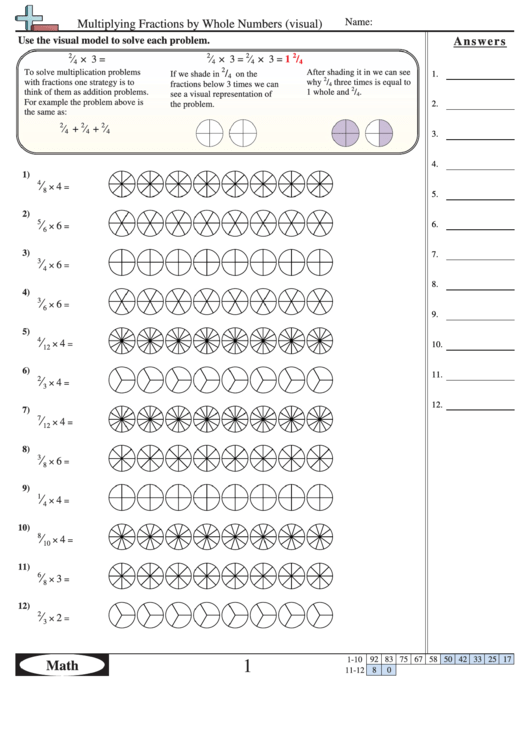 Multiplying Fractions By Whole Numbers (Visual) Worksheet With Answer Key Printable pdf