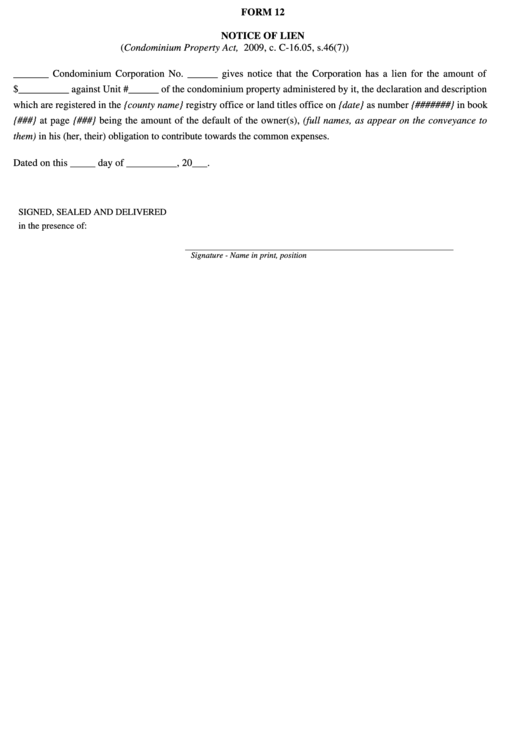 Form 12 Notice Of Lien Condominium Property Act Printable pdf