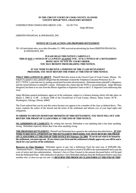 Notice Of Class Action And Proposed Settlement Printable pdf