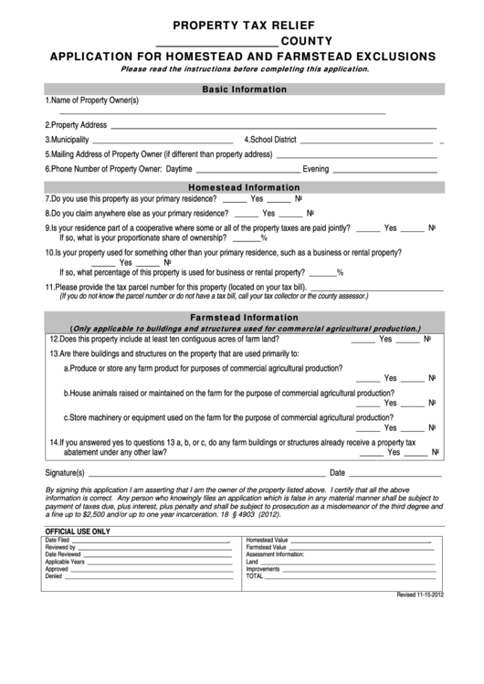 Property Tax Relief Application For Homestead And Farmstead Exclusions Printable pdf