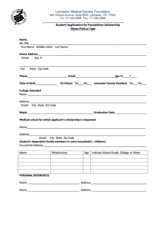 Lancaster Medical Society Foundation Student Application For Scholarship Printable pdf