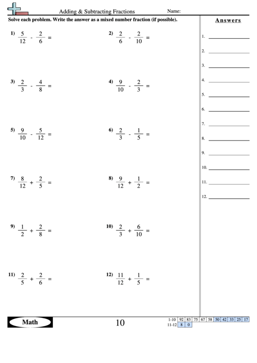 Adding & Subtracting Fractions Worksheet With Answer Key