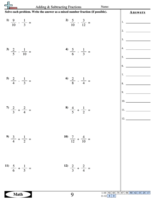 Adding & Subtracting Fractions Worksheet With Answer Key