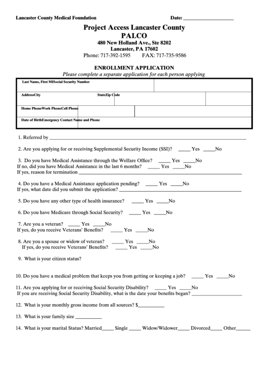 Palco Enrollment Form English Project Access Lancaster County Printable pdf