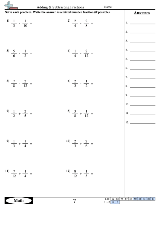 Adding Subtracting Fractions Worksheet With Answer Key Printable Pdf 