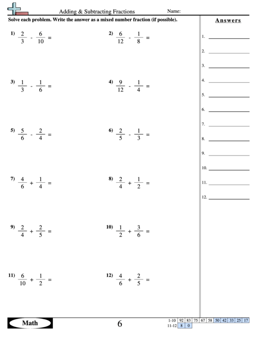 adding subtracting fractions worksheet with answer key