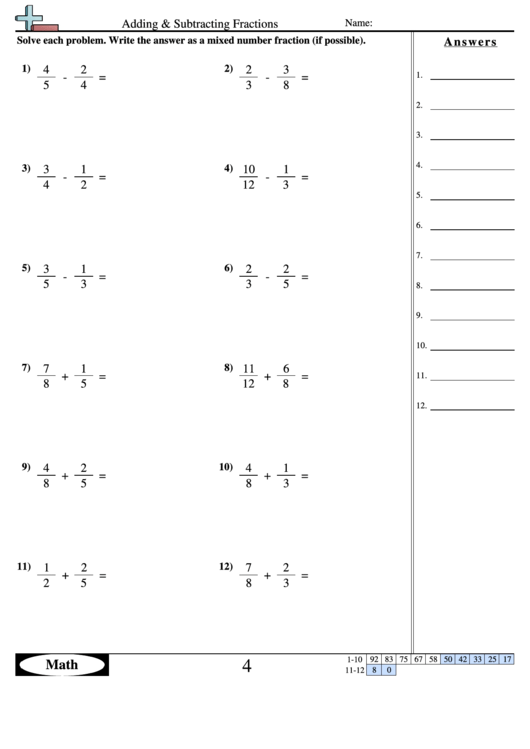 Adding Subtracting Fractions Worksheet With Answer Key Printable Pdf Download