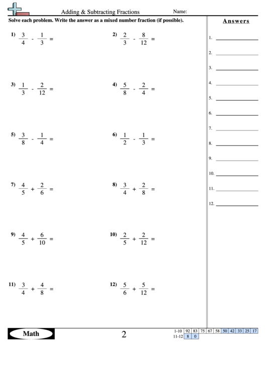 Adding & Subtracting Fractions Worksheet With Answer Key printable pdf ...